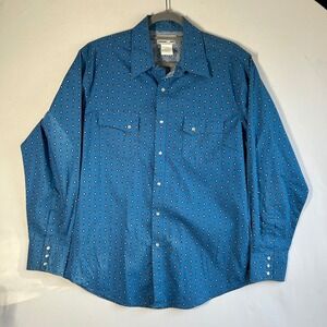 Wrangler Wrancher Mens Blue Diamond Print Pearl Snap Western Shirt L MTW1269